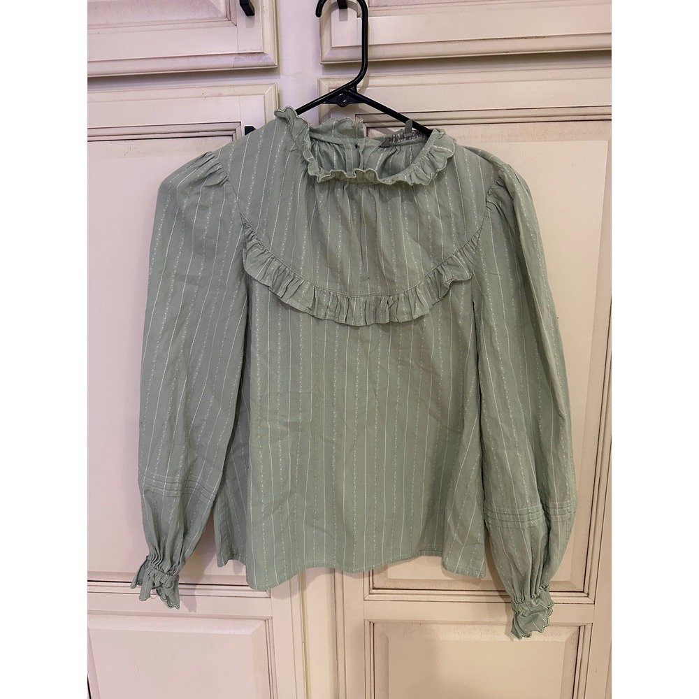 Oliver Bonas Sage Green‎ Striped Ruffle Bib Blouse - UK 6 US 2 - 100% Cotton